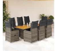 Ensemble bistro de jardin 9 pièces en polyrotin gris, fauteuils réglables avec repose-pieds, plateau de table en bois d'acacia, résistant aux UV, 8 chaises, balcon et terrasse, meubles d'extérieur