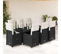 Ensemble bistro de jardin 9 pièces en polyrotin noir avec coussins, fauteuils de relaxation réglables, table en verre trempé pour terrasse, balcon, extérieur