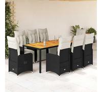 Ensemble bistro de jardin 9 pièces en polyrotin noir, fauteuil réglable avec repose-pieds et table en bois d'acacia 190 x 90 cm, coussins blanc crème, résistant aux UV pour balcon, terrasse, jardin