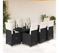 Ensemble bistro de jardin 9 pièces en polyrotin noir, fauteuils réglables avec coussins, ensemble de salle à manger d'extérieur pour terrasse, balcon, arrière-cour