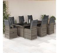 Ensemble bistro de jardin de 9 pièces avec coussins, gris en rotin synthétique, fauteuils réglables, table en verre trempé, résistant aux UV pour terrasse, balcon