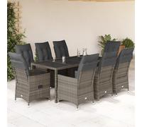 Ensemble bistro de jardin de 9 pièces avec coussins gris, fauteuils de relaxation réglables, en polyrotin pour terrasse, balcon et jardin