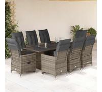 Ensemble bistro de jardin de 9 pièces avec coussins gris, fauteuils de relaxation réglables, plateau en verre trempé, résistant aux UV, pour balcon, terrasse, extérieur