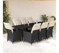 Ensemble bistro de jardin de 9 pièces - En polyrotin noir - Avec fonction relaxation - Chaises réglables, table en verre, coussins blanc crème - Pour terrasse, balcon