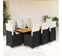 Ensemble bistro de jardin de 9 pièces en polyrotin noir, fauteuil de relaxation réglable, plateau de table en bois d'acacia, coussins blanc crème, résistants aux UV, aux intempéries, pour terrasse