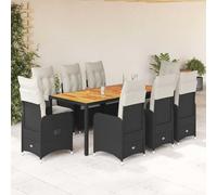 Ensemble bistro de jardin de 9 pièces en polyrotin noir, fauteuils de relaxation réglables, table en bois d'acacia, meubles de salle à manger d'extérieur avec coussins pour balcon, terrasse, jardin