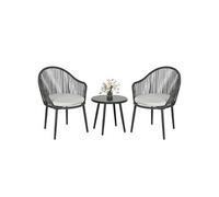 Outsunny Salon de Jardin bistrot, Ensemble bistrot de Jardin 3 pièces Cadre en Acier 2 fauteuils + 1 Table Basse avec Plateau en Verre trempé, Coussins Inclus Gris