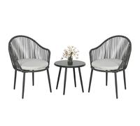 Outsunny Salon de Jardin bistrot, Ensemble bistrot de Jardin 3 pièces Cadre en Acier 2 fauteuils + 1 Table Basse avec Plateau en Verre trempé, Coussins Inclus Gris