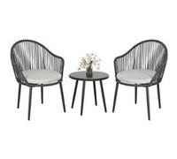 Outsunny Salon de Jardin bistrot, Ensemble bistrot de Jardin 3 pièces Cadre en Acier 2 fauteuils + 1 Table Basse avec Plateau en Verre trempé, Coussins Inclus Gris