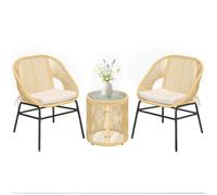 Ensemble bistro - salon de balcon - Outsunny - 3 pièces 2 fauteuils confortables et table en verre trempé - résine tressée - beige