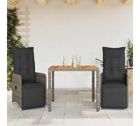 Ensemble bistrot 3 pièces en polyrotin gris avec coussins et dossier réglable, table d'appoint en bois d'acacia, chaise de jardin confortable repose-pieds