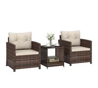 Ensemble bistrot 3 pièces en rotin Outsunny, ensemble de salon de jardin en osier PE, table bistrot à plateau en verre à 2 niveaux et chaises pour 2 personnes avec coussins pour terrasse, balcon,