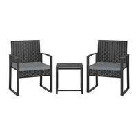 Ensemble bistrot 3 pièces Outsunny en rotin, ensemble de salon de jardin en osier PE, table bistrot en verre trempé et chaises avec coussins pour terrasse, balcon, porche, gris clair