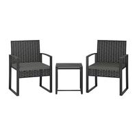 Ensemble bistrot 3 pièces Outsunny en rotin, ensemble de salon de jardin en osier PE, table bistrot en verre trempé et chaises avec coussins pour terrasse, balcon, porche, gris foncé