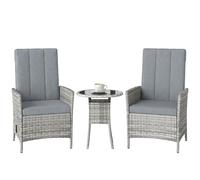 Ensemble bistrot Outsunny 3 pièces en rotin, comprenant des chaises de jardin inclinables et une table bistrot à plateau en verre avec coussins, ensemble de salon de jardin en osier PE pour terrasse,