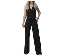 Ensemble blazer 2 pièces pour femme en coton et lin - Coupe ajustée - Sans manches - Avec boutons - Pantalon large - Ensemble blazer - Ensemble gilet et pantalon - Costume de travail d'été en coton et