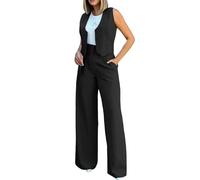 Ensemble blazer 2 pièces pour femme en coton et lin - Coupe ajustée - Sans manches - Avec boutons - Pantalon large - Ensemble blazer - Ensemble gilet et pantalon - Costume de travail d'été en coton et