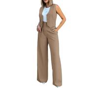 Ensemble blazer 2 pièces pour femme en coton et lin - Coupe ajustée - Sans manches - Avec boutons - Pantalon large - Ensemble blazer - Ensemble gilet et pantalon - Costume de travail d'été en coton et