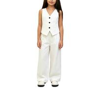Ensemble blazer et pantalon 2 pièces pour filles de 1 à 15 ans, tenue élégante à col en V, gilet sans manches & pantalon ample élastique, uniforme scolaire classique, fête, soirée, mariage, Blanc A1