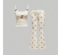 Ensemble blouse à dentelle brodée avec cerf et pantalon évasé à imprimé cerf L,M,S,XSCartoonTissu tricoté
