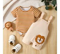 Ensemble body à manches courtes col rond rayé + salopette avec broderie lion pour bébé garçon en été 6-9M,9-12M,12-18M,3-6M,0-3MRayéPolyester