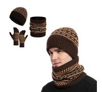 Ensemble Bonnet Cache Cou Gant Homme,2 Couches de Polaire Extensible en Tricot Épaissie Doublé Bonnet Hiver et Snood avec Gants à Écran Tactile,Hiver Thermique Ensemble 3 PCS Cadeau Homme et Ado