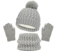 Ensemble bonnet d'hiver, gants, écharpe, ensemble de bonnets avec pompon en tricot, guêtre, moufles doublées en polaire, gris, 1-6 ans