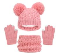 Ensemble bonnet d'hiver, gants, écharpe, ensemble de bonnets avec pompon en tricot, guêtre, moufles doublées en polaire, Rouge pastèque, 1-6 ans
