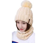 Ensemble bonnet d'hiver pour femme - Doublure intérieure chaude et douce - Bonnet tricoté et écharpe avec doublure en polaire - Bonnet chaud pour l'hiver - Écharpe tube - Bonnets avec pompon en