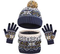 Ensemble bonnet, écharpe et gants pour garçons - Ensemble 3 pièces bonnet et gants d'hiver en tricot thermique avec doublure en polaire, motif neige pour enfants de 5 à 10 ans, bleu, taille unique