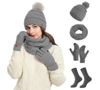 Ensemble Bonnet Echarpe Gant, 4pcs Ensemble Bonnet Echarpe Femme avec Gants Écran Tactile et Chaussettes Thermiques, Tricoter Bonnets Femme Hiver Pompom pour Femme Sports Plein Air Hiver