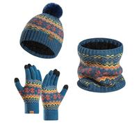 Ensemble Bonnet Echarpe Gant Bonnet Pompon, Gant Hiver Tactile Chaud Tricoté Polaire Douce Cache-Cou éPais pour Temps Froid Trois PièCes Impression Jacquard