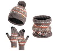 Ensemble Bonnet Echarpe Gant Bonnet Pompon, Gant Hiver Tactile Chaud Tricoté Polaire Douce Cache-Cou éPais pour Temps Froid Trois PièCes Impression Jacquard