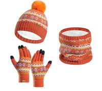 Ensemble Bonnet Echarpe Gant Bonnet Pompon, Gant Hiver Tactile Chaud Tricoté Polaire Douce Cache-Cou éPais pour Temps Froid Trois PièCes Impression Jacquard