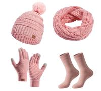 Ensemble Bonnet Echarpe Gant Femme Cache Cou Hiver, Bonnet Pompon Doublure IntéRieure en Polaire Douce BrosséE éLastique éPais pour Temps Froid Trois PièCes Confortable