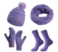 Ensemble Bonnet Echarpe Gant Femme Cache Cou Hiver, Bonnet Pompon Doublure IntéRieure en Polaire Douce BrosséE éLastique éPais pour Temps Froid Trois PièCes Confortable