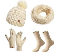 Ensemble Bonnet Echarpe Gant Femme Cache Cou Hiver, Bonnet Pompon Doublure IntéRieure en Polaire Douce BrosséE éLastique éPais pour Temps Froid Trois PièCes Confortable