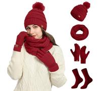 Ensemble Bonnet Echarpe Gant Femme Grosse Echarpe, Chapeau Hiver Chaussette Lot de 11 Chauds en Tricot avec à Fleurs Et Col Tricoté à Pompons pour Temps Froid en Plein Air Et Quotidien