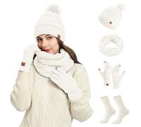Ensemble Bonnet Echarpe Gant Femme Grosse Echarpe, Chapeau Hiver Chaussette Lot de 12 Chauds en Tricot avec à Fleurs Et Col Tricoté à Pompons pour Temps Froid en Plein Air Et Quotidien