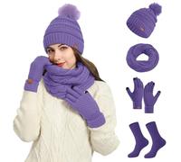 Ensemble Bonnet Echarpe Gant Femme Grosse Echarpe - Chapeau Hiver Chaussette Lot De 4 Chauds En Tricot Avec à Fleurs Et Col Tricoté à Pompons Pour Temps Froid En Plein Air Et Quotidien