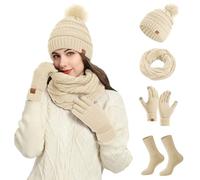 Ensemble Bonnet Echarpe Gant Femme Grosse Echarpe, Chapeau Hiver Chaussette Lot De 5 Chauds en Tricot avec à Fleurs Et Col Tricoté à Pompons pour Temps Froid en Plein Air Et Quotidien