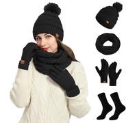 Ensemble Bonnet Echarpe Gant Femme Grosse Echarpe, Chapeau Hiver Chaussette Lot De 6 Chauds en Tricot avec à Fleurs Et Col Tricoté à Pompons pour Temps Froid en Plein Air Et Quotidien