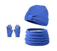Ensemble Bonnet Echarpe Gants 3 en 1 Bonnet en Tricot Doublé de Laine Polaire à Nœud avec écharpe en Tricot Torsadé Gants à écran Tactile pour enfants âgés de 3 à 8 ans (Saphir)