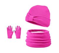 Ensemble Bonnet Echarpe Gants 3 en 1 Bonnet en Tricot Doublé de Laine Polaire à Nœud avec écharpe en Tricot Torsadé Gants à écran Tactile pour enfants âgés de 3 à 8 ans (Rose Rouge)