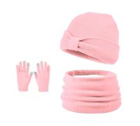 Ensemble Bonnet Echarpe Gants 3 en 1 Bonnet en Tricot Doublé de Laine Polaire à Nœud avec écharpe en Tricot Torsadé Gants à écran Tactile pour enfants âgés de 3 à 8 ans (Rose)