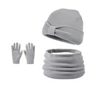 Ensemble Bonnet Echarpe Gants 3 en 1 Bonnet en Tricot Doublé de Laine Polaire à Nœud avec écharpe en Tricot Torsadé Gants à écran Tactile pour enfants âgés de 3 à 8 ans (Gris)