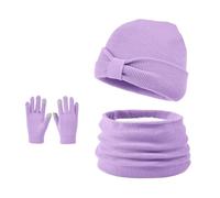 Ensemble Bonnet Echarpe Gants 3 en 1 Bonnet en Tricot Doublé de Laine Polaire à Nœud avec écharpe en Tricot Torsadé Gants à écran Tactile pour enfants âgés de 3 à 8 ans (Violet Léger)