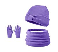 Ensemble Bonnet Echarpe Gants 3 en 1 Bonnet en Tricot Doublé de Laine Polaire à Nœud avec écharpe en Tricot Torsadé Gants à écran Tactile pour enfants âgés de 3 à 8 ans (Violet Foncé)