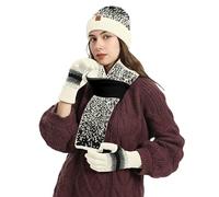 Ensemble Bonnet Echarpe Gants 3 en 1, Ensemble Hiver Femme 3en1 Bonnet Echarpe Gants Tricoté Chauds Écharpe Mode Bonnet Tricoté avec Doublure Chaude en Laine Hiver pour Ski Extérieur Sports