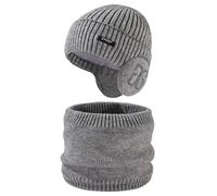 Ensemble Bonnet Écharpe Gants en Polaire Haute Densité Unisexe Bonnet Péruvien Tricoté avec Doublure Douce pour Confort Thermique Pendant Mois Froids(Light Gray, One Size)